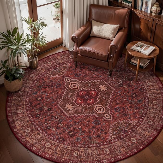 Tangsoo Red Round Rugs 4ft Washable Circle Rug, Non Slip Small Boho Round Area Rug, Oriental Low Pile Circular Rugs, Vintage 4x4 Round Carpet for Living Room Bedroom,Entryway,Nursery,Dorm