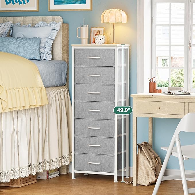 Huuger Tall Dresser for Bedroom, 7 Drawer Dresser & Chests of Drawers, Fabric Drawer for Closet, Bedroom, Night Stand, Metal Frame, Storage Tower with Fabric Bins, Grey