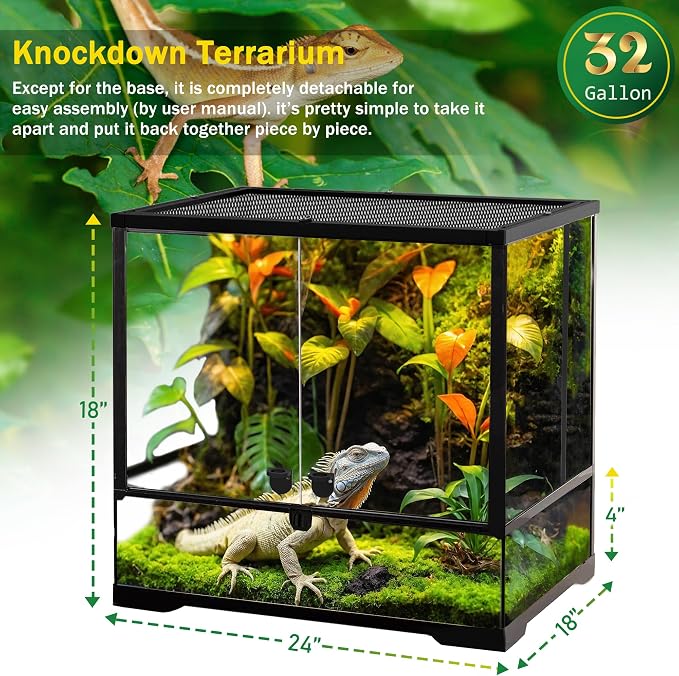 24"x18"x18" Reptile Terrarium, Modular Aluminum-Frame Glass Vivarium for Small Tropical Lizards Such as Juvenile Iguanas, with Lock, Cable Port, Waterproof Deep Base & Adjustable Vents