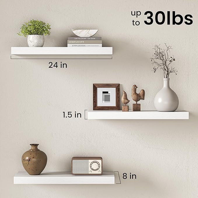 Fun Memories 24Inch Floating Shelves for Wall, 8 Inch Deep Shelves for Bathroom|Bedroom|Kitchen Wall Mounted, Wood Hanging Shelf with Invisible Brackets for Home Storage Decor, White - 2 Pack