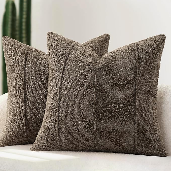 YCOLL Textured Boucle Throw Pillow Covers 20x20 Pack of 2 - Soft Neutral Striped Cushion Covers, Cozy Accent Decorative Pillow Covers for Couch, Sofa, Bed, Living Room (Brown)