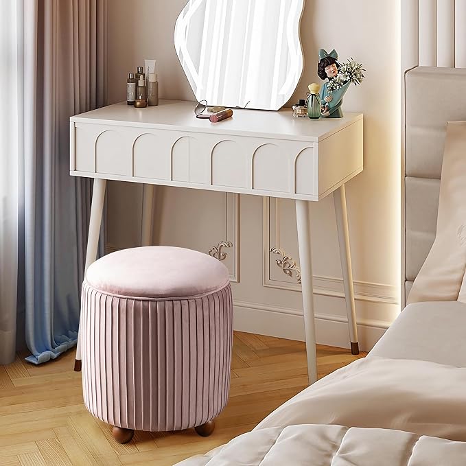 Glitzhome Round Ottoman with Storage, Pleated Velvet Small Foot Stool, Modern Accent Stool Upholstered Vanity Stool with Rubberwood Ball Feet for Bedroom Living Room Dorm Room, Dusty Pink