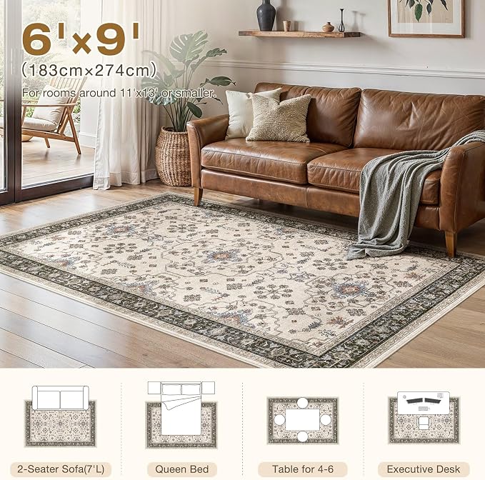 6x9 Area Rugs for Living Room - Large Carpet Ultra Thin Soft Washable Oriental Vintage Floral Distressed Big Indoor Carpets for Bedroom Nursery Dorm Home Decor Aesthetic - Brown Black