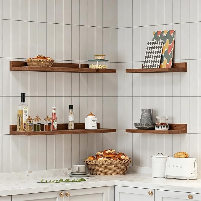 Yongscess Floating Shelves for Wall Set of 5, Floating Shelves Bathroom,30 in Natural Wood Book Shelf for Wall Mounted,Home Decor Display Shelf,Storage Shelves for Living Room,Bedroom,Kitchen(Walnut)