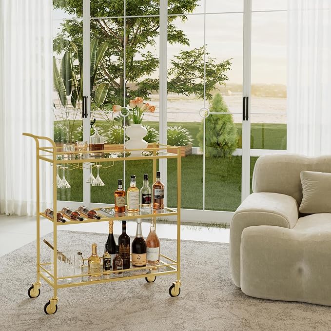 Gold Bar Cart, Home Bar Serving Cart with Handle, Wine Cart with 3-Tier Glass Shelves, Beverage Cart with Wine Rack and Glass Holder, Bar Carts for The Home, Dining Room, Living Room