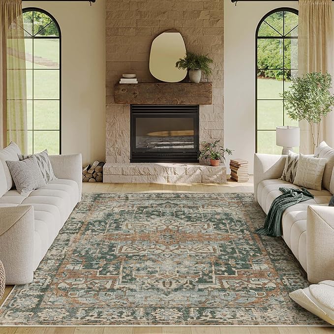 Rugxara 6x9 Area Rugs for Living Room Bedroom, Large Washable Rug, Green Vintage Floral Boho Style, Non Slip & Low Pile Carpet for Indoor Dining Room, Dorm and Kids Room(Green 6x9ft)