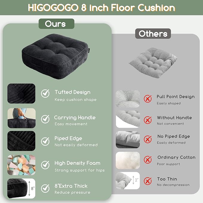 HIGOGOGO 8" Extra Thick Floor Pillow Cushion for Adults, Meditation Cushion Pillow, Large Square Floor Sitting, Tufted Corduroy Cover, for Tatami Living Room or Yoga, 22x22 Inch, Black
