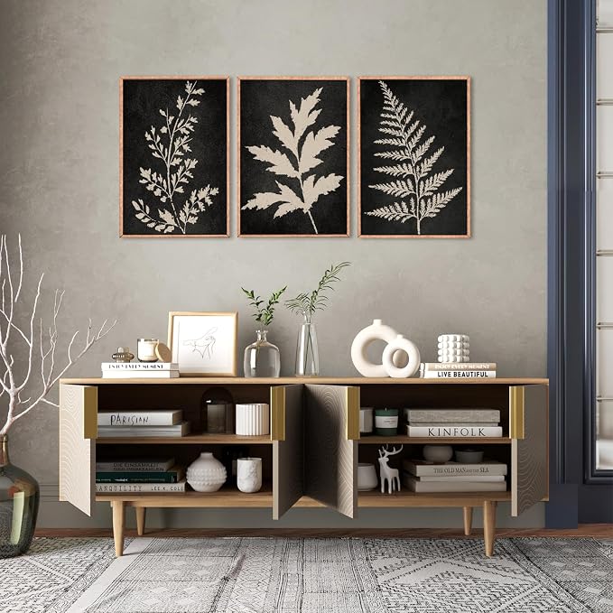 Black Tan Fern Leaf Framed Canvas Wall Art Set, Minimalist Botanical Wall Decor, Nature Fern Plant Silhouette Wall Painting, Modern Rustic Art Print for Living Room, Bedroom, Office -36"x24"x3