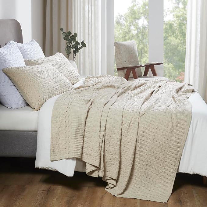 VHC Brands 100% Cotton Waffle Weave King Blanket 108"x90", Decorative Lightweight Spring and Summer Throw Blanket, Bedroom Decor for Bed, Couch, or Sofa, Natural