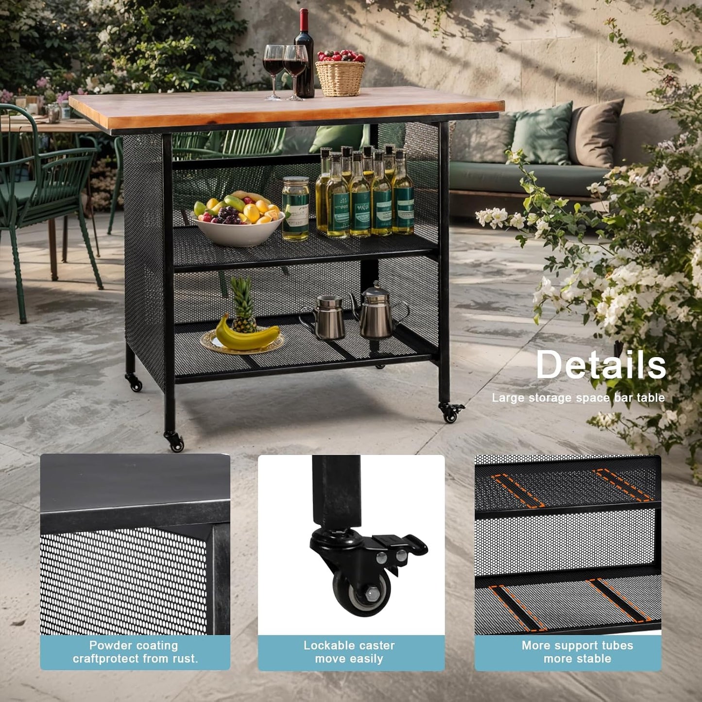 Rustic 3-Tiered Serving Cart with Casters Vintage Rolling Bar Cart for Kitchen Living Room Industrial Mobile Barbecue Cart for Outdoor&Indoor 47.2 * 19.7 * 36.6in L*W*H