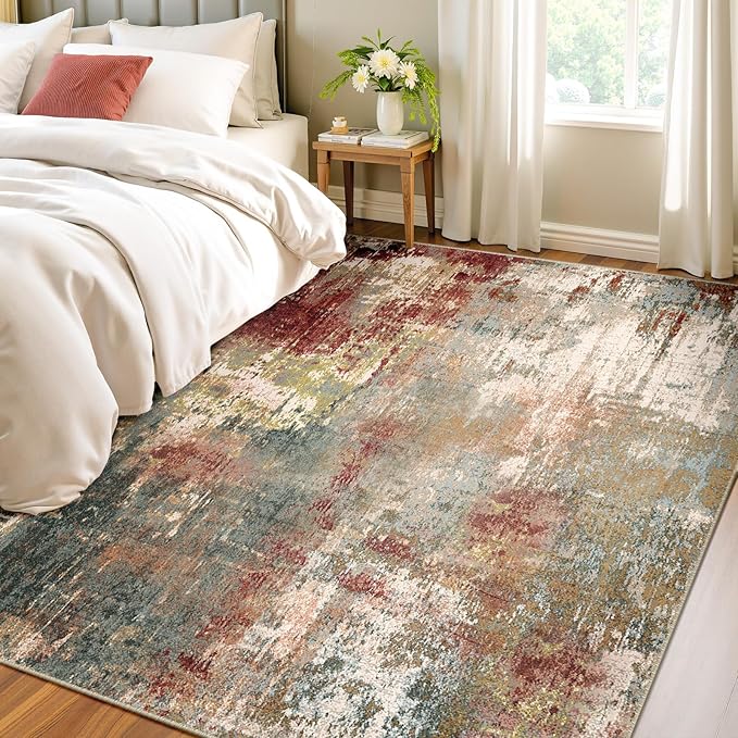 RELEANY Washable Area Rugs 4'x5' Non-Slip Modern Abstract Soft for Living Room Entryway Bedroom Nursery, Print Pattern, Brown Rust Red Green Blue Multi