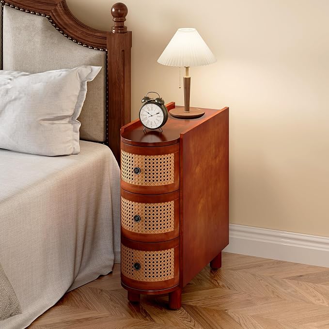 LITTLE TREE Solid Wood End Table, Rattan Narrow Side Table with 3 Drawers, No Assembly Required, Nightstand Bedside Tables for Living Room, Bedroom, Office, Bathroom, Brown