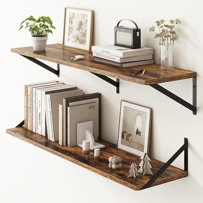 Fun Memories 40 Inch Floating Shelves, 10 Inch Deep Wall Shelf, 40 x 10 Floating Shelf Set of 2, Wood Floating Shelf Wall Mounted, Large Kitchen Living Room Bedroom Storage Shelves, Rustic Brown