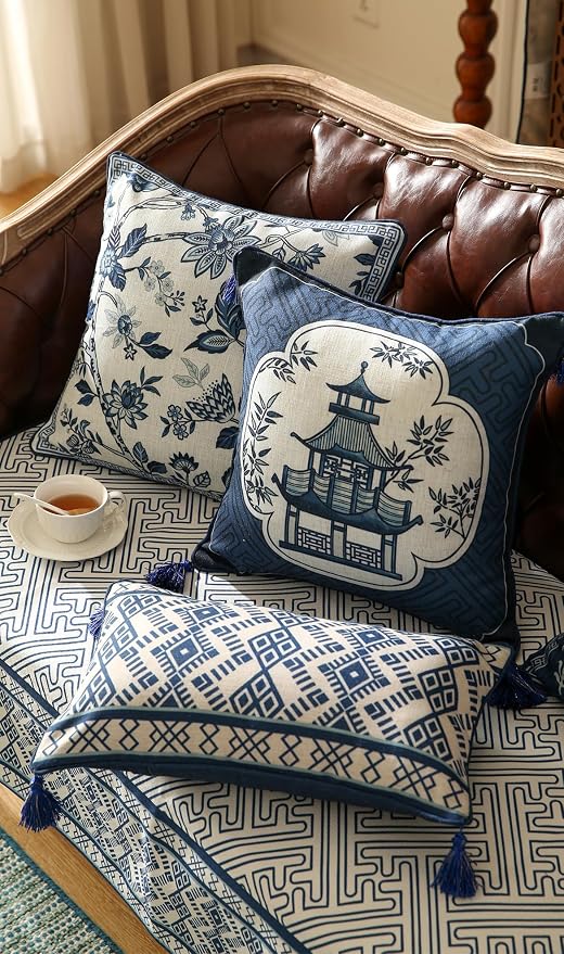 bilin gaier Designer Linen Throw Pillow Covers,20"x12" Set of 2-Suqing D | Vintage Elegant Rectangular Blue Pillow Cover,Concealed Zipper Design,Sofas,Bedroom,Living Room,Dining,Lounge Chairs