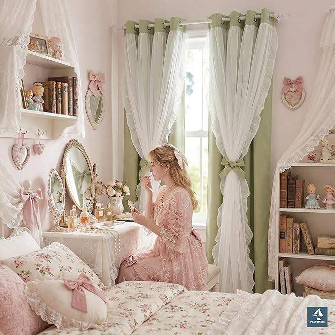 PONY DANCE Blackout Curtains for Whimsical Forest Teen Room，Double Layer Drapes Ruffle Sheer Overlay Farmhouse Rustic Design, W 52 x L 84 Inches, Meadow Green, 2 Panels