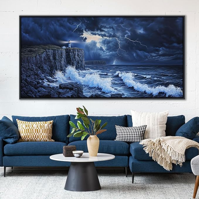 YDYSUNE Large Wall Decor- Ocean Canvas Painting Navy Blue Picture Framed Lighthouse Coastal Wall Art,Huge Waves Seascape Decoration Artwork for Living Room,Bedroom,Office Size 29x58 Inches