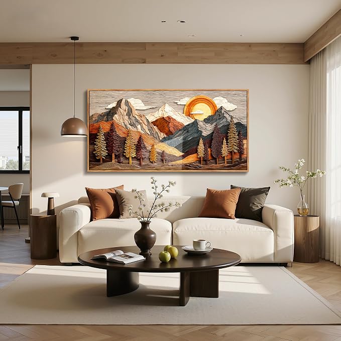 imjiayu Extra Large Wall Art, Mountain Wall Art, Boho Wall Decor, Neutral Landscape Art Prints, Sun Pine Tree Framed Artwork, Modern Paintings Wall Decor Living Room Dining Room Office Hotel 29"x57"
