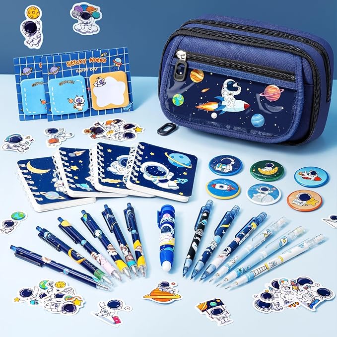 Fimibuke Kids Backpack for School Boys, 30PCS Space Toddler School Supplies Stationery Set with Bookbag Pencil Case Pins Gel Pens Pencils Notebooks Easter Gifts for Kindergarten Elementary Student