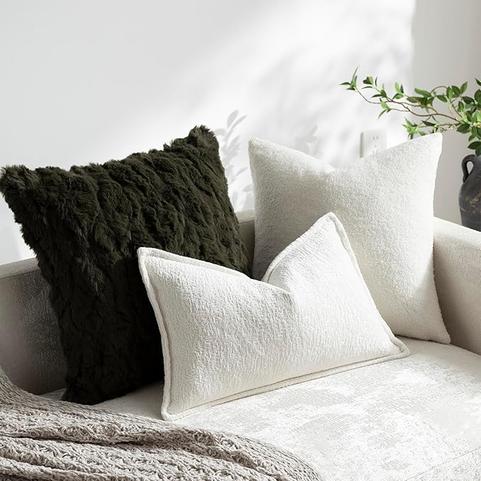 DEZENE Pack of 2 Cream White Decorative Throw Pillow Covers 12x20 Cozy Soft Chenille Accent Vintage Rectangular Lumbar Couch Pillow Covers for Home Decor Bed Sofa Living Room
