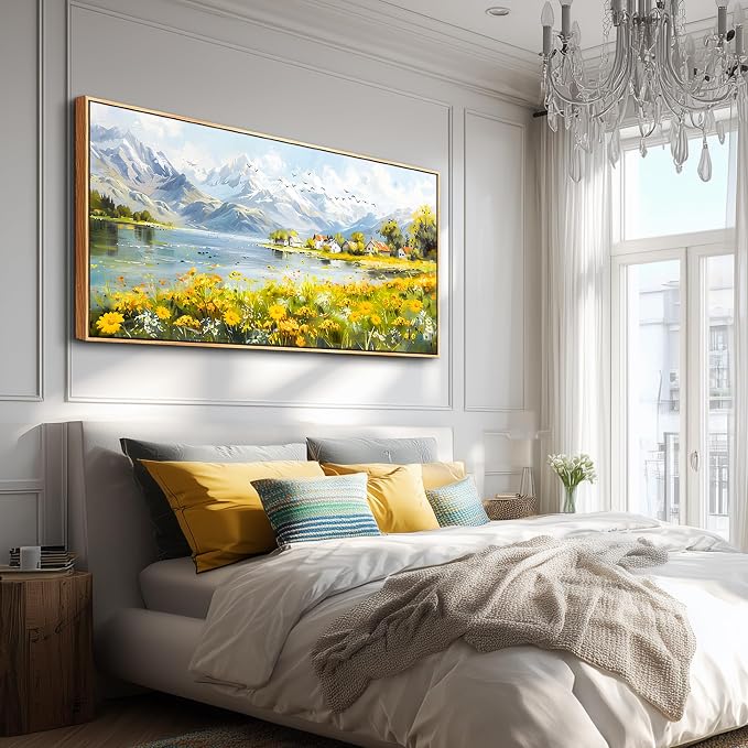 XIGUANGART Oversized Wall Art, Floral Wall Decor, Framed Wall Art, Landscape Mountain Art Prints, Spring Wildflowers Cottage Paintings for Living Room Dining Room Farmhouse Office Hotel 30"x60"