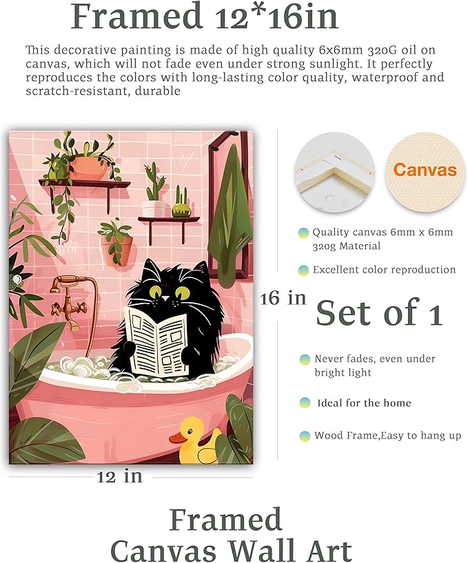 UPWOIGH Cute Black Cat Bathtub Bathroom Wall Art, Cat Reading Newspaper Poster, Pink Bathroom Decor with Plants, Wood Framed Canvas 12x16 Inch