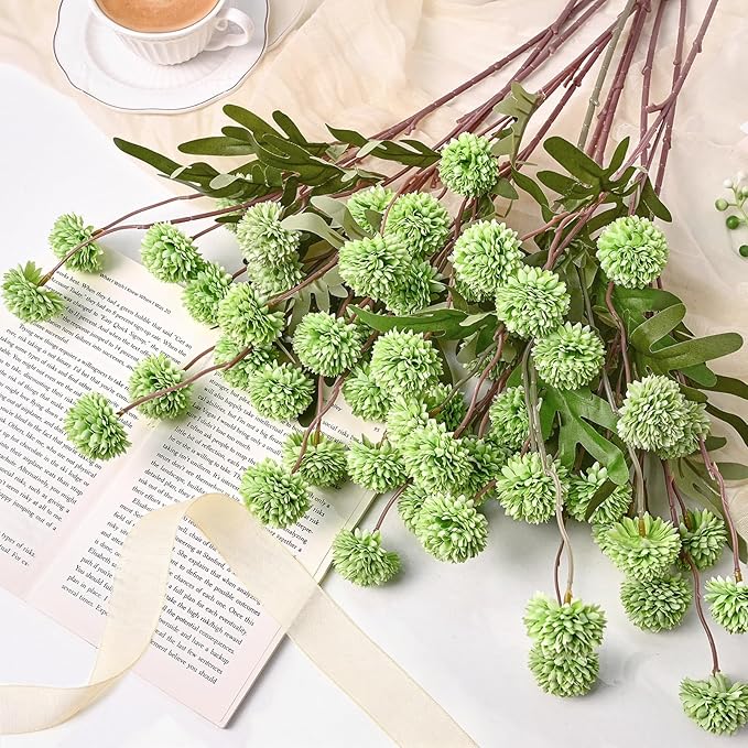 Waipfaru 10pcs Fake Flowers, Artificial Pompon Mums , Bulk Faux Chrysanthemums Flowers for Indoor Home Decorations, Boho Decor, Green, No vase
