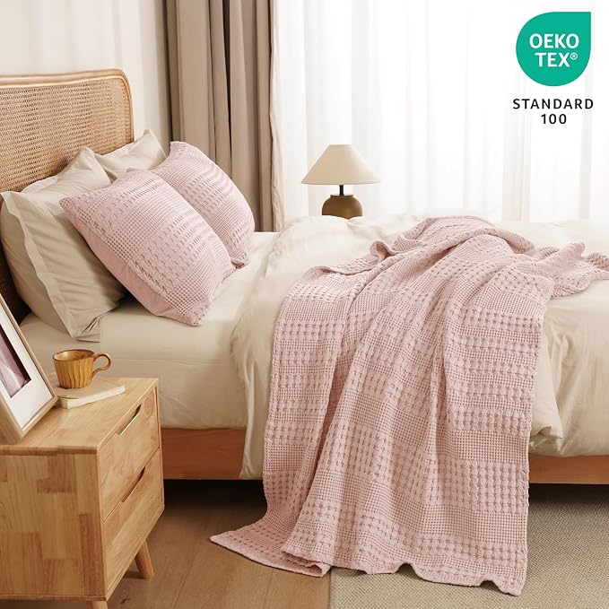 PHF 100% Cotton Waffle Throw Blanket for Couch, Lightweight Breathable and Soft for Summer, Luxury Aesthetic Waffle Weave Blanket for Home Decor & Office, Gifts for Women, 50"x60", Pink/Mauve