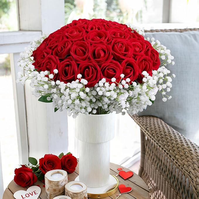 HyeFlora 35 PCS Artificial Red Roses with 15 PCS Fake Baby Breath Realistic Fake Flowers Bouquet with Long Stem for DIY Wedding Party Home Decoration Vase Tables Centerpieces Arrangements Gift for Her