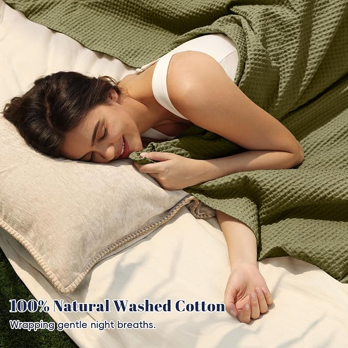 PHF Pre-Washed Cotton Waffle Weave Blanket Queen Size for Bed, Snag Proof Throw Blanket for Couch Spring Summer Lightweight Breathable, Oeko-TEX Certified, Machine Washable, Home Decor Gift - Dark Oil