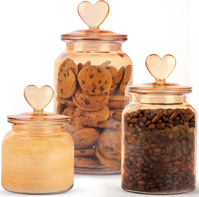 Set of 3 Elegant Amber Glass Jars with Lids
