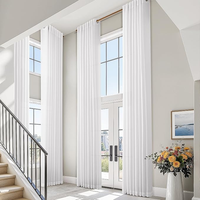 White Linen Curtains 144 Inch Length for Living Room Extra Long 2 Panels Set Grommet Modern Farmhouse Coastal Decor Cotton Textured Sheer Modern Farmhouse Curtain Drapes for High Window 52x144