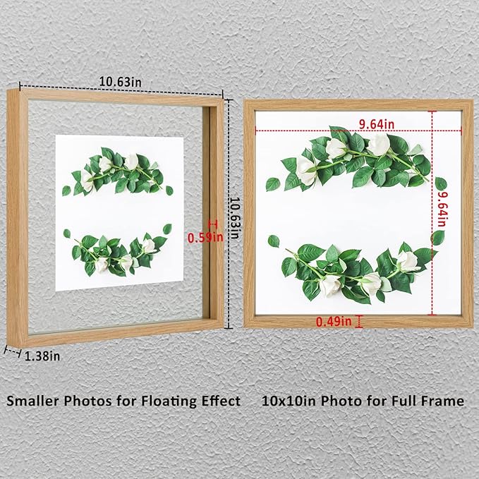 MUYE 10x10 Floating Frame Set of 2,Double Glass Square Photo Frame,Display Any Size Photo up to 10x10,Wall Mount or Tabletop Standing,Natural