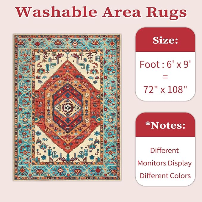 SERISSA Washable Rugs 6x9 Boho Area Rugs, Large Non-Slip Living Room Rug, Ultra Soft Vintage Oriental Tribal Farmhouse Orange Carpet for Dining Room Bedroom Dorm Office Home Decor