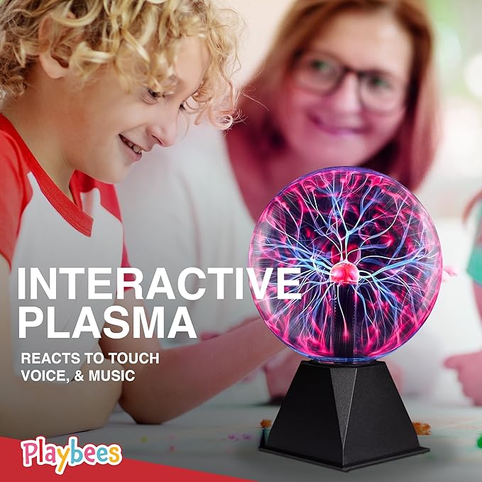 Playbees Red Plasma Ball - 7 Inch - Tesla Coil Bulb Static Electricity in a Vacuum Pressurized Glass Globe, Nebula Thunder Lightning, Plug-in - for Parties, Decorations, Prop, STEM