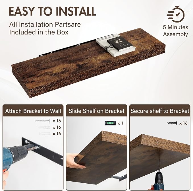 Acovy 40 Inch Floating Shelves, 12" Deep Floating Shelf Wall Mounted, 40" Wall Shelves, Rustic Deep Bookshelf, Extra Deeper & Thicker Display Shelves for Bedroom, Living Room, Brown, Set of 2