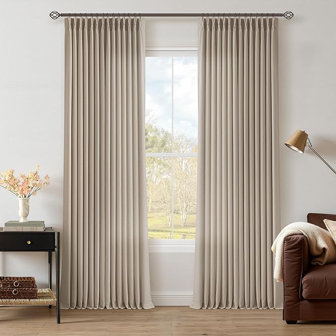 Pinch Pleated Burlywood Birch Linen Semi Sheer 86 Inch Curtains 2 Panels Set for Bedroom, Memory Trained Pinch Pleat with Back Tab Light Filtering Non See Through Living Room Farmhouse Window Drapes