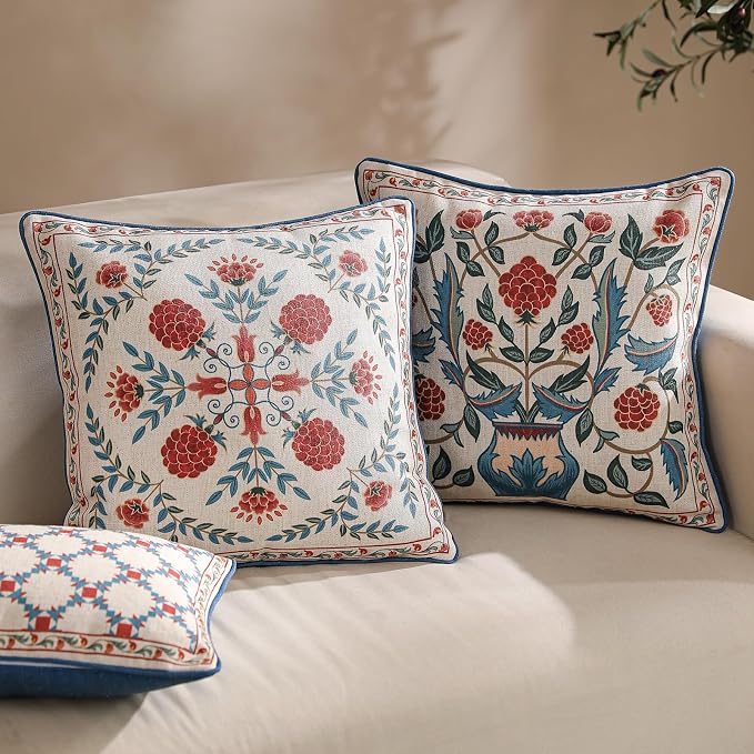 patdrea French Vintage Linen Throw Pillow Cover,18"x18",Set of 2-Puno A | Elegant Decorative Pillow Case with Zipper,Elegant Floral Pattern,Pillow Cover for Couch Living Room Bedroom Sofa