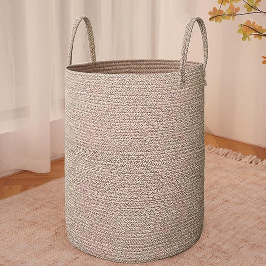 JMvicyroam Large Woven Laundry Basket Hamper,80L Cotton Rope Storage Bin for Blankets,Toys and Clothes,Decorative Tall Nursery Hamper for Living Room,Baby Nursery,Bathroom and Bedroom,Oatmeal