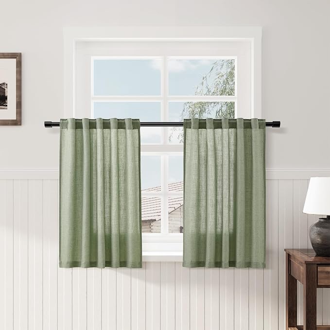 Light Sage Kitchen Linen Curtains 36 Inch Length 2 Pack Privacy Light Filtering Linen Short Drapes with Rod Pocket Back Tab for Small Windows Cafe Bathroom Mediterranean Style Laundry Room 36Wx36L