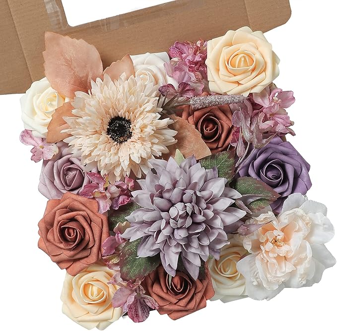 rongflower Artificial Flowers Combo Set Fake Flower Leaf Box with Stems for DIY Wedding Bouquets Centerpieces Flower Arrangements Decorations Baby Shower Party Home Decorations Champagne Purple