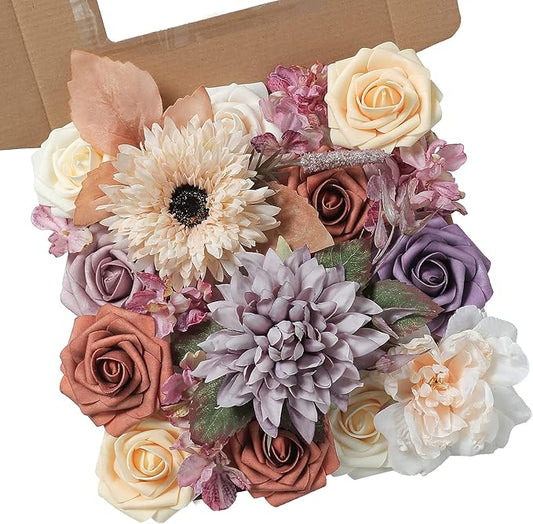 rongflower Artificial Flowers Combo Set Fake Flower Leaf Box with Stems for DIY Wedding Bouquets Centerpieces Flower Arrangements Decorations Baby Shower Party Home Decorations Champagne Purple