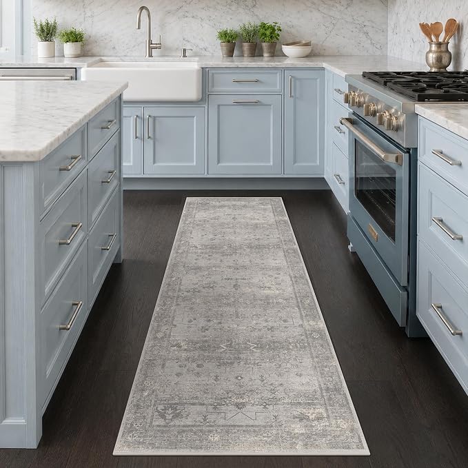 2x6 Washable Runner Rug for Bathroom & Kitchen, Non-Slip Low Pile Vintage Distressed Runner, Neutral Gray Marble-Inspired Rug for Laundry Room, Hallway & Entryway