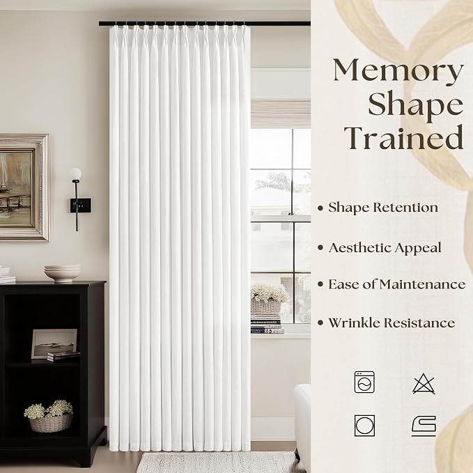 70 Wide Off White Semi Sheer Pinch Pleated Linen Curtains 96 Inch Long | Ivory, Neutral, 70 Inch Extra Wide, Light Filtering Privacy, Sliding Door, Bedroom, Burlap Textured, Hook Rings, Memory Shape