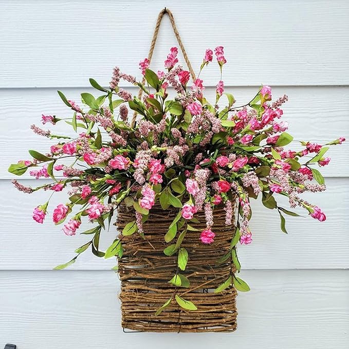 2026 Cream Hydrangea Door Hanger Basket Wreath, Spring Summer Wreaths for Front Door Wildflowers Front Door Basket Wreath Artificial Flower Hanging Basket for Home Farmhouse Seasonal Decor (C)