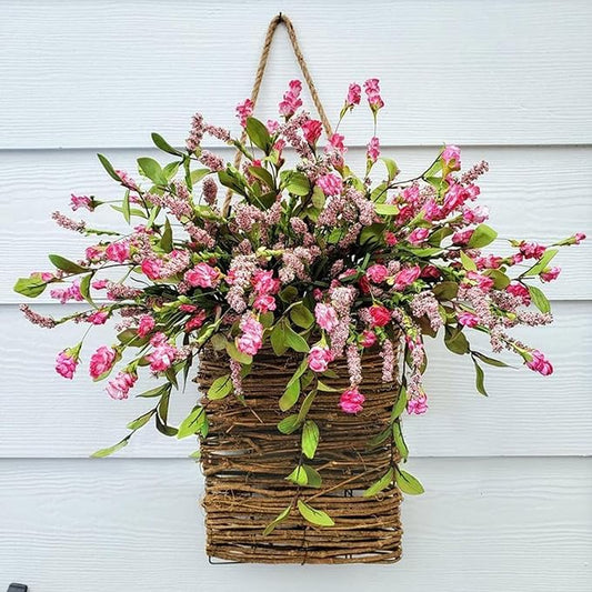 2026 Cream Hydrangea Door Hanger Basket Wreath, Spring Summer Wreaths for Front Door Wildflowers Front Door Basket Wreath Artificial Flower Hanging Basket for Home Farmhouse Seasonal Decor (C)