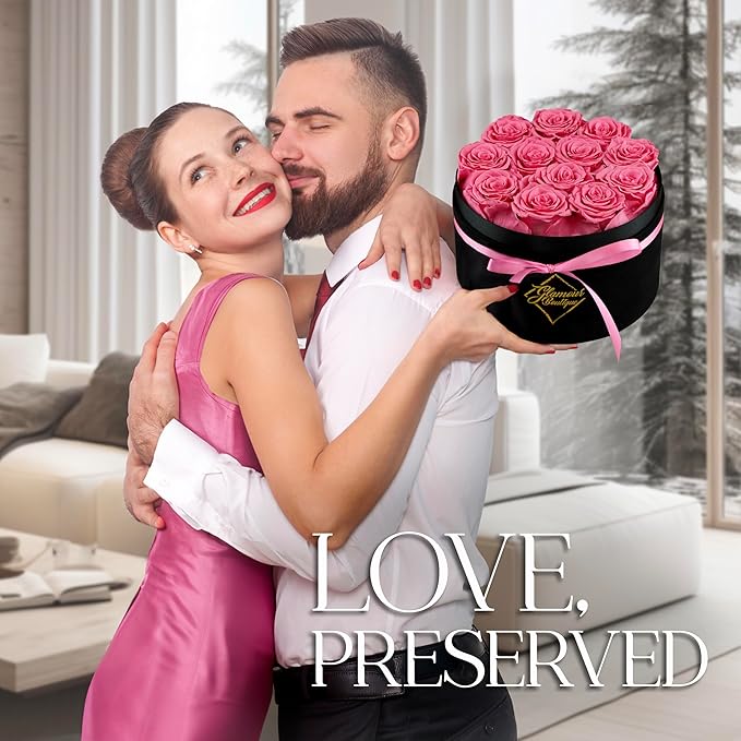 GLAMOUR BOUTIQUE Flowers Forever Gift Box, 12 Real Preserved Roses in Velvet Black Box, Floral Gift for Her, Mom or Wife for Birthday, Mother’s Day, Anniversary or Graduation, Pink (Color-Treated)