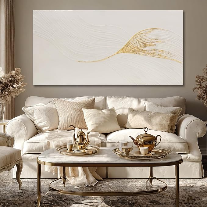 Dolidoteart Wall Art Hand Painted Oil Painting, Neutral White and Gold Textured Abstract Wall Art, Large 24x48 Inch Modern Living Room Wall Decor for Bedroom Dining Room Office Entryway