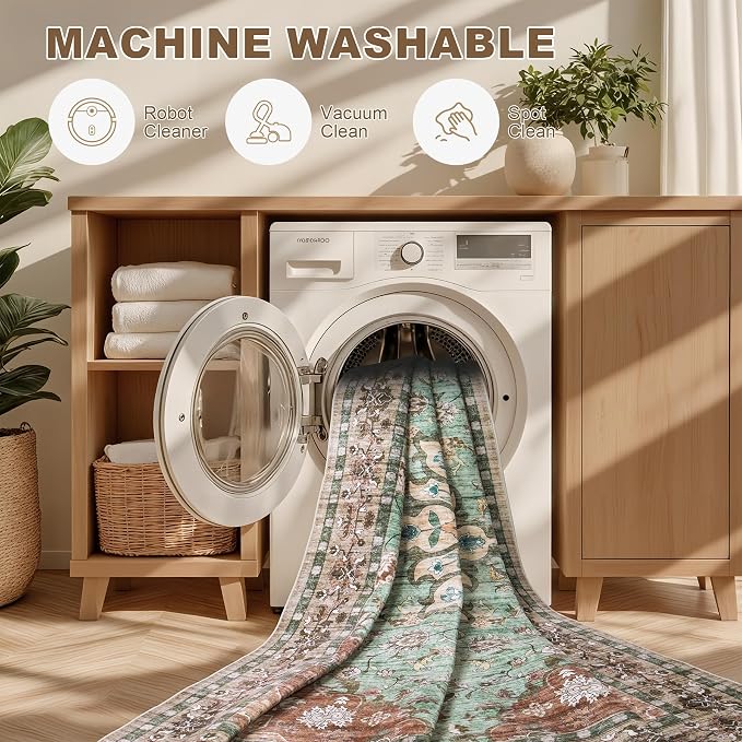 Area Rugs 9x12 Living Room Rug: Washable Rug Soft Vintage Distressed Floral Carpet Indoor Non-Slip Stain Resistant Large Carpets for Bedroom Dining Room Farmhouse Nursery Home Office Brown Green