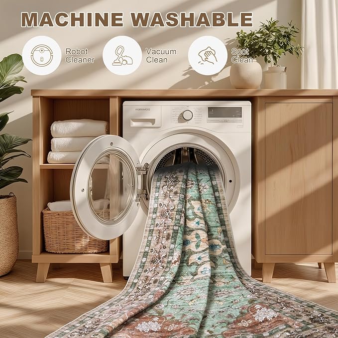 4x6 Area Rugs for Living Room: Washable Rug Soft Vintage Distressed Floral Carpet Indoor Floor Non-Slip Stain Resistant Large Carpets for Bedroom Dining Room Farmhouse Nursery Home Office Brown Green