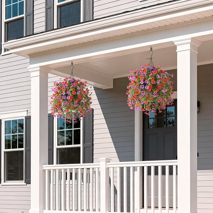ZFProcess Artificial Hanging Flowers for Outdoors Spring Decoration, 2PCS Silk Fake Daisy Realistic Fake Outdoor Flowers UV Resistant Porch Patio Window Yard Decor(Purple Red)